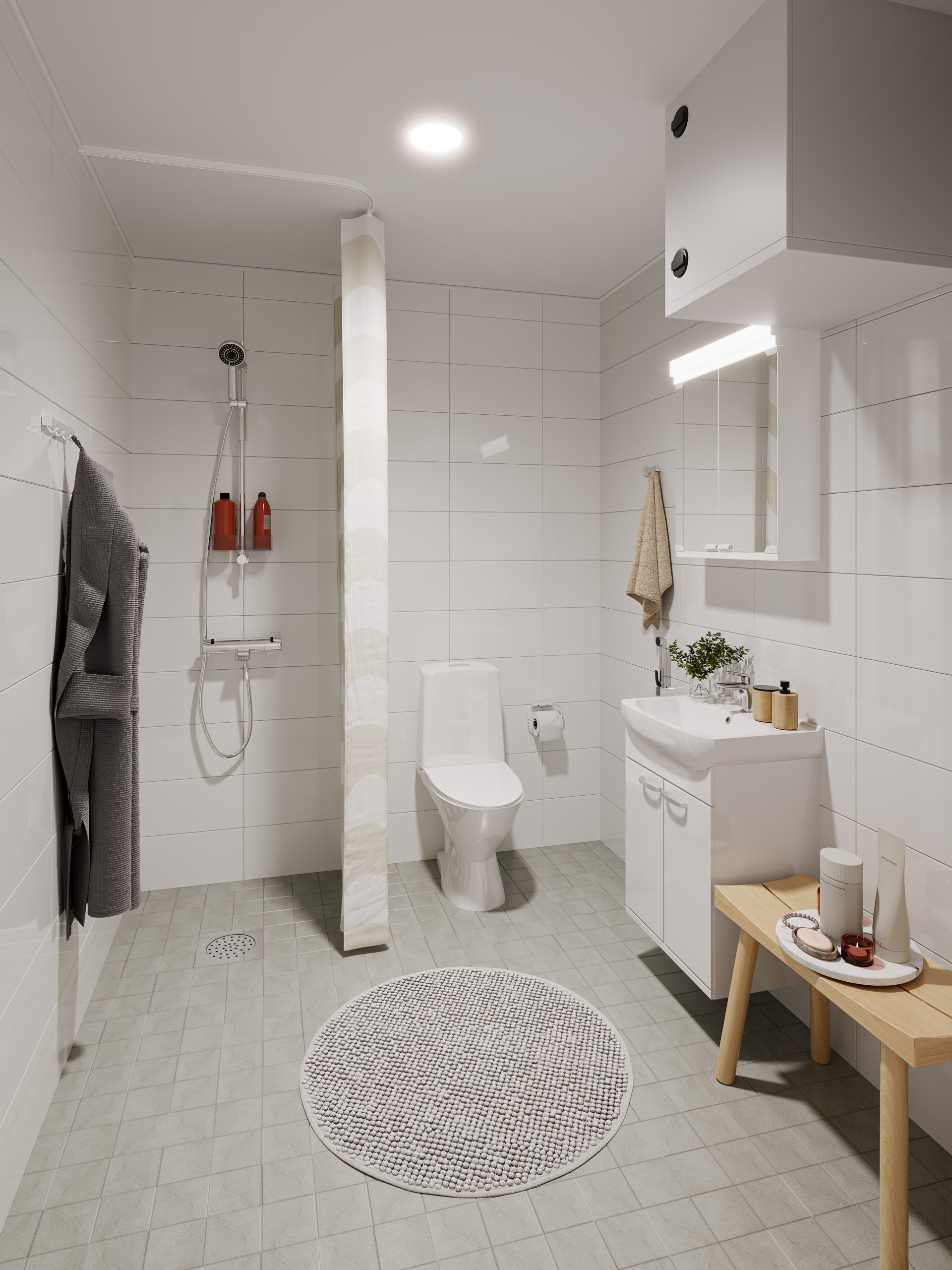 Svinhufvudinkadun opiskelija-asunnon kylpyhuonenäkymä. Kylpyhuoneessa suihku ja vaaleat laatat.