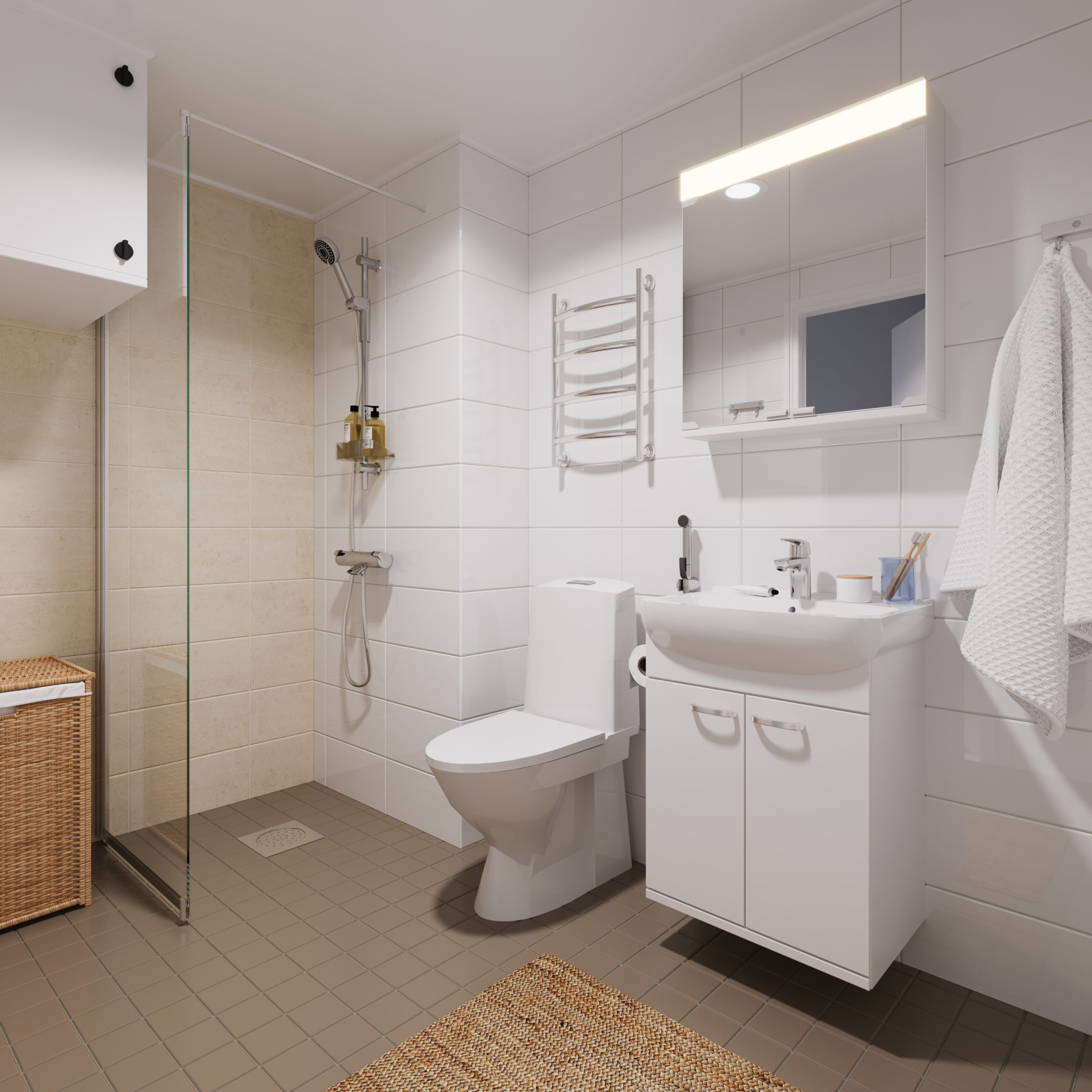 Metsolankadun kodin kylpyhuone näkymä. Kylpyhuoneessa on vaaleat kalusteet, beige lattia ja vaaleat seinät.